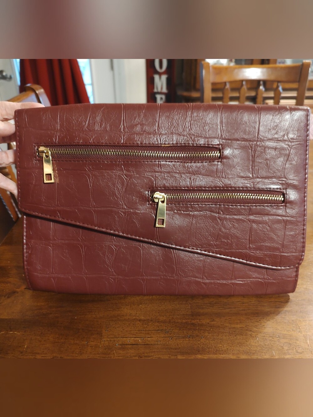 Croc-Embossed Foldover Clutch in Deep Burgundy
